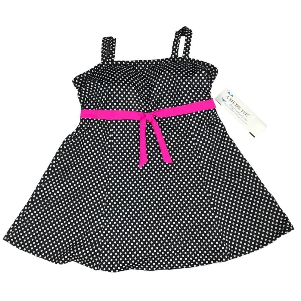 A Shore Fit Swimwear Polk Dots White Dots on Black Pink Lace Womens Size 22W